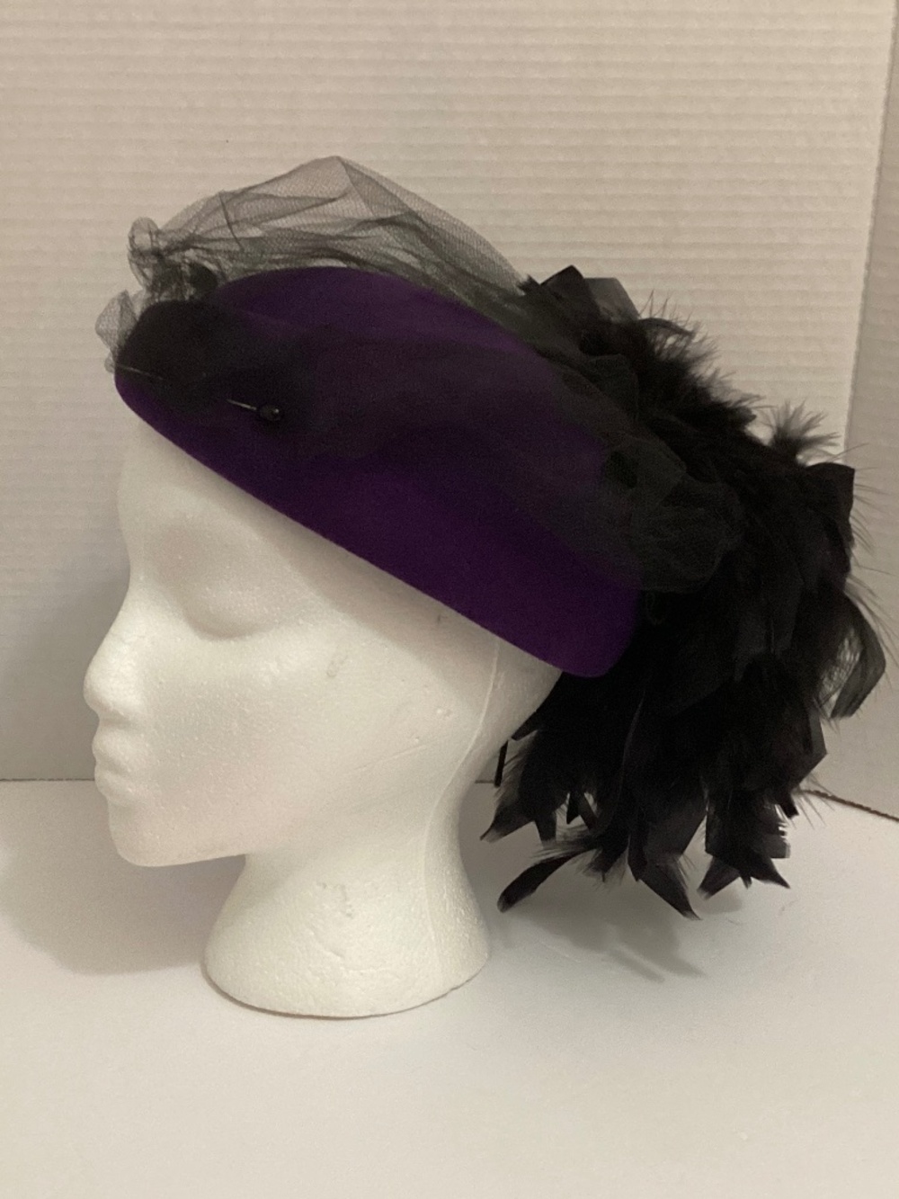 Stunning Purple Felt Hat with Black Netting, Pin & Gorgeous Cascade of Feathers